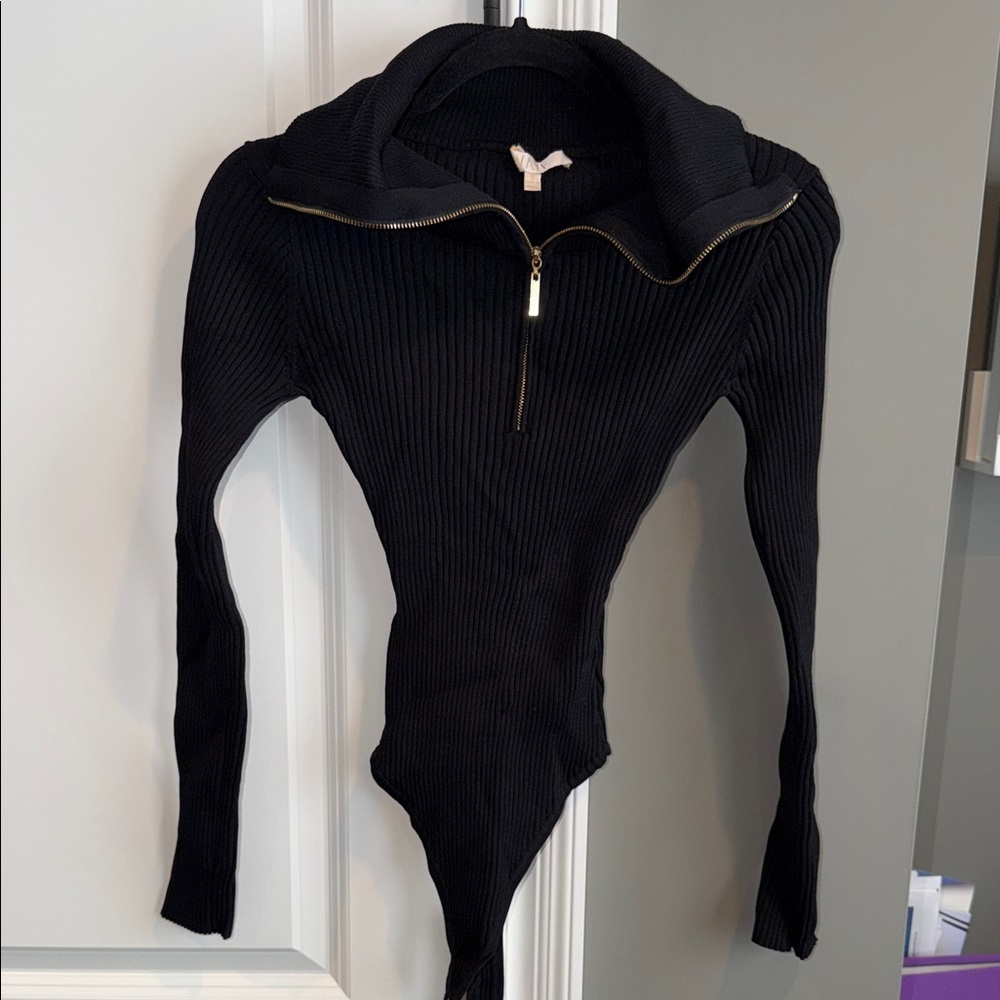 Wayf Black Ribbed Zip-Up Bodysuit